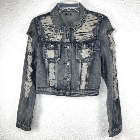 ❄️ ChiQle Denim Architect Distressed Long Sleeve Cropped Jacket Sz Large Junior - Picture 1 of 7